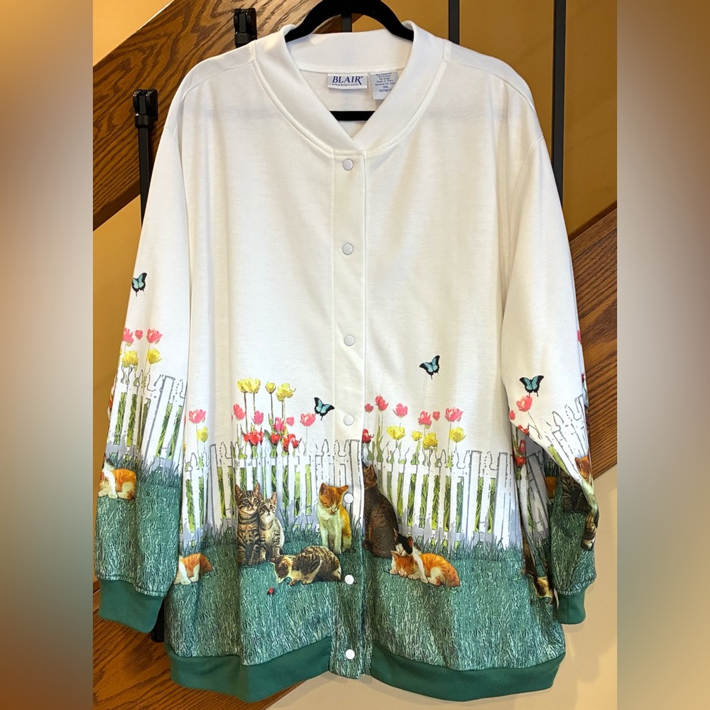 Blair Cardigan Jacket Snap Front Side Pockets Cat Garden Pattern SZ. 3X
